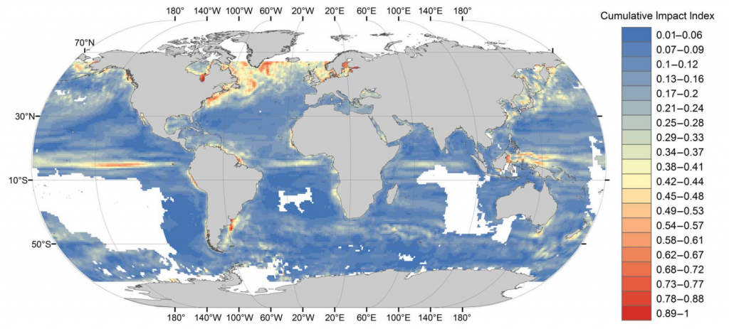 Map of global distribution of cumulative climate change impacts. The index is made up of equally-weighted changes in sea surface temperature, primary productivity and ocean currents. The scores range from zero (no change, shaded dark blue) up to one (the largest change, shaded red). Source: Ramírez et al. (2017) 