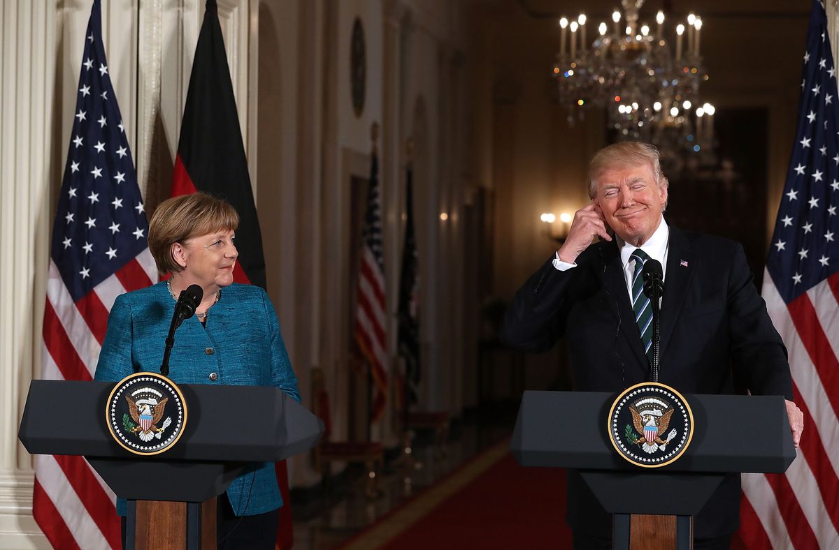 Best buds: Chancellor Merkel, left, with President Trump at the White House, March 17, 2017.