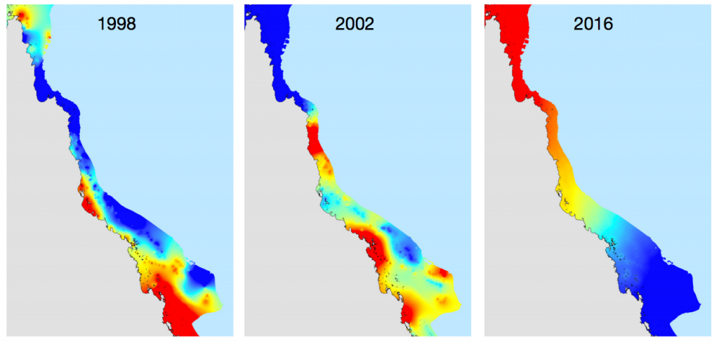 Pattern of heat stress for bleaching events in 1998 (left-hand map), 2002 (middle) and 2016 (right). Dark blue shading indicates 0 DHW, and red is the maximum DHW for each year (7, 10 and 16, respectively). Orange and yellow indicate intermediate levels of heat stress on a continuous scale. Source: Hughes et al. (2017) 