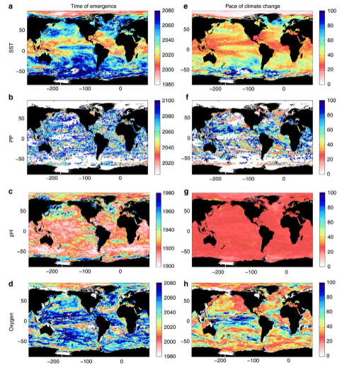 Multi-model average for the year when stress exceeds natural variability for (a) sea surface temperature (b) primary production, (c) pH and (d)oxygen content assuming a &lsquo;business-as-usual&rsquo; scenario (RCP8.5). Henson et al., (2017) 