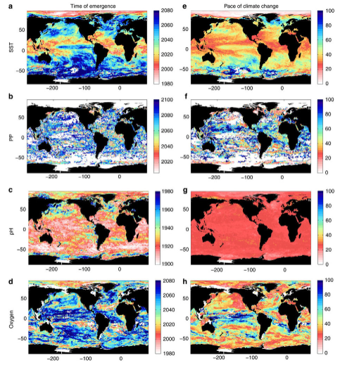 Multi-model average for the year when stress exceeds natural variability for (a) sea surface temperature (b) primary production, (c) pH and (d)oxygen content assuming a ‘business-as-usual’ scenario (RCP8.5). Henson et al., (2017) 