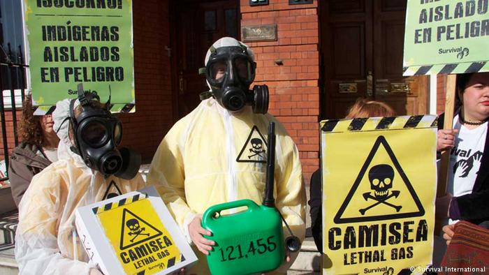 Protesters in the UK opposed the Camisea gas plant in Peru Camisea project in Peru (Survival International)