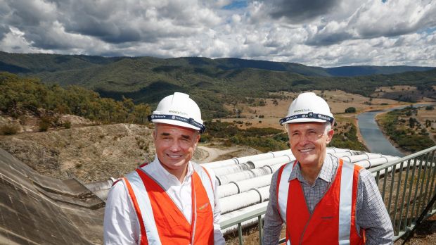 Malcolm Turnbull with Snowy Hydro chief Paul Broad at Talbingo, NSW.