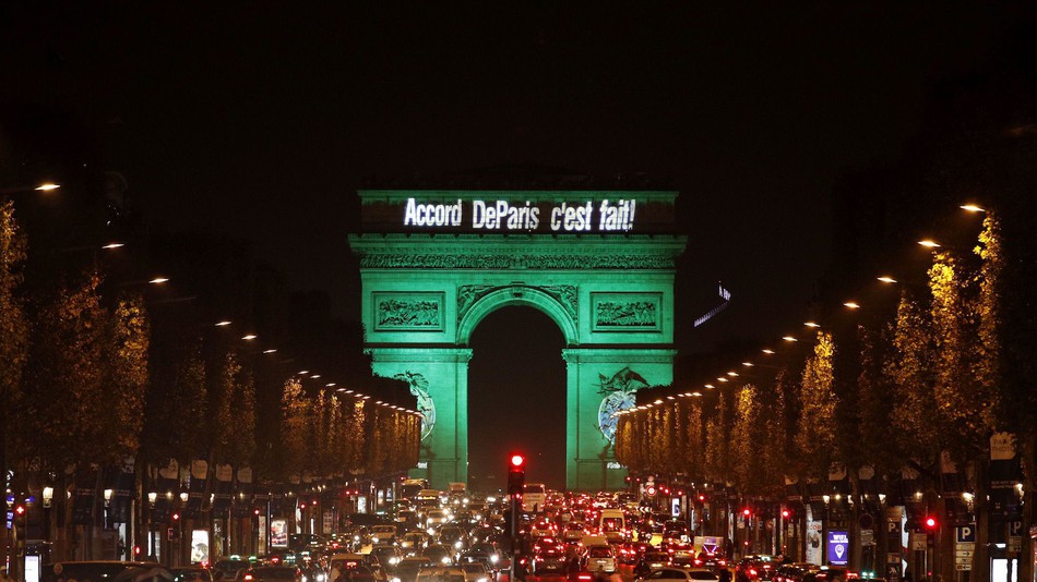 The Arc de Triomphe is Illuminated to celebrate the ratification of the Paris Climate Agreement.