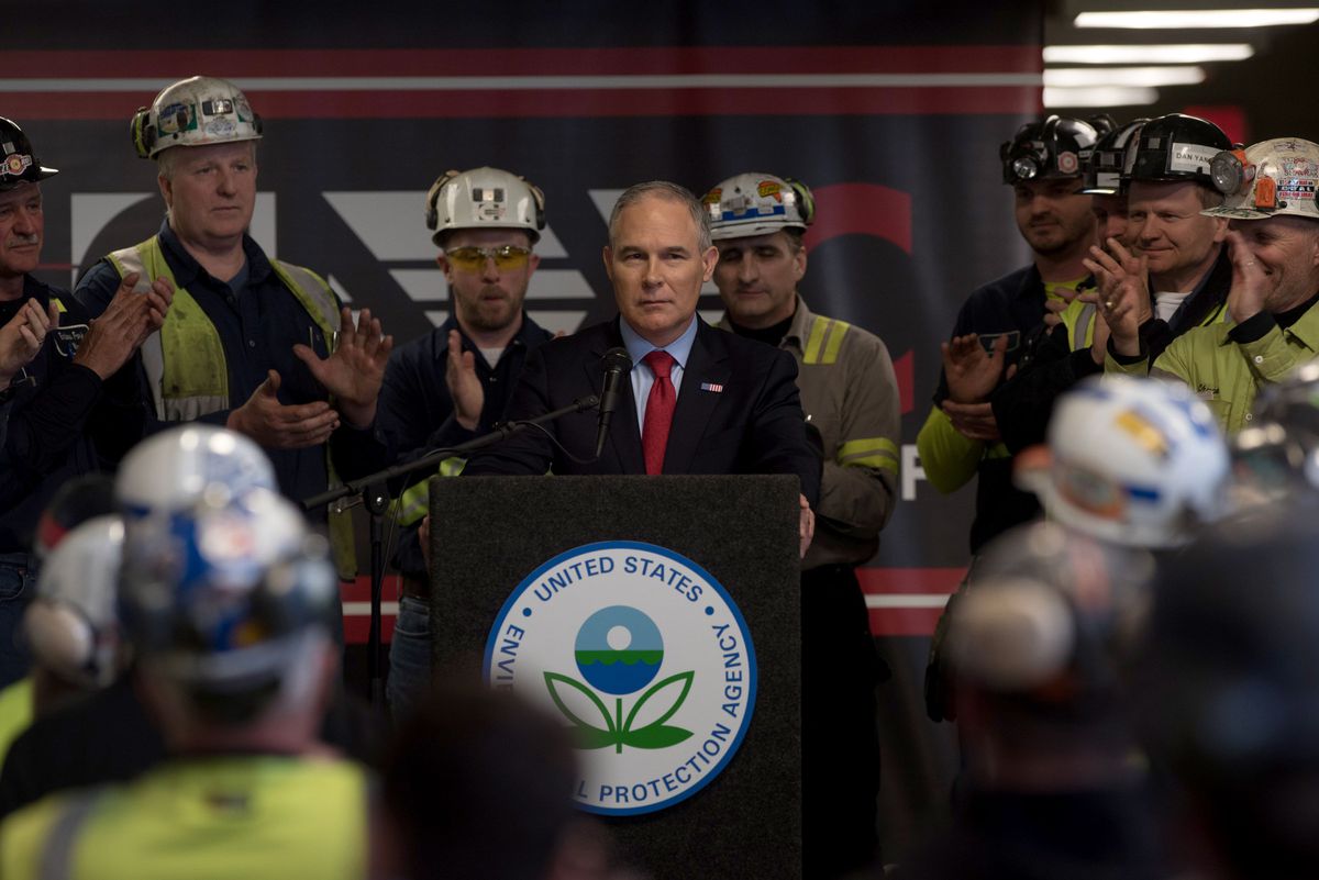 Scott Pruitt, head of the U.S. Environmental Protection Agency, speaks with coal miners in Pennsylvania.