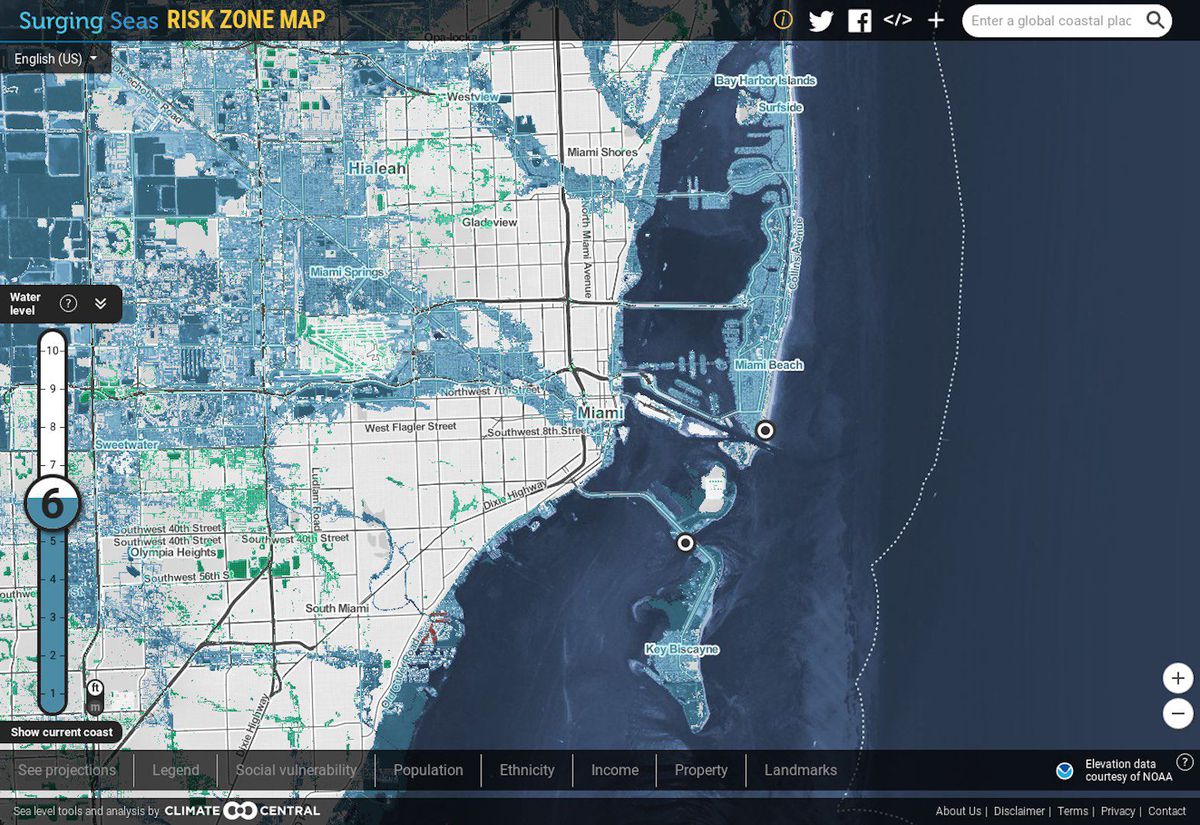 Miami under a 6-foot sea level rise scenario. Miami under a 6-foot sea level rise scenario.