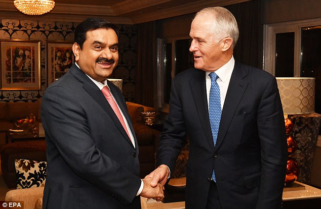 Prime Minister Malcolm Turnbull (right) met with India's Adani Group founder and chairman Gautam Adani (left), in New Delhi on Monday