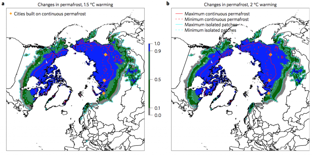 Changes in permafrost extent under future warming. Shaded areas show historical distribution (1960&ndash;1990), with the scale from grey to blue indicating an increasing high permafrost fraction. Contours show the permafrost boundary with 1.5C (left) and 2C (right) of warming. Source: Chadburn et al., (2017) 