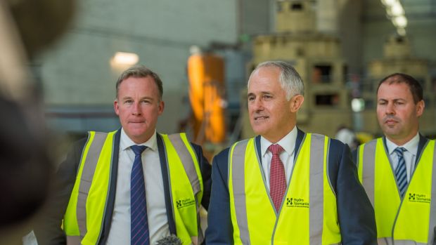 Tasmanian Premier Will Hodgman, Prime Minister Malcolm Turnbull and Energy Minister Josh Frydenberg in Launceston on ...