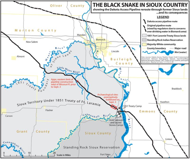 DAPL's original route near Bismarck, and the re-route.