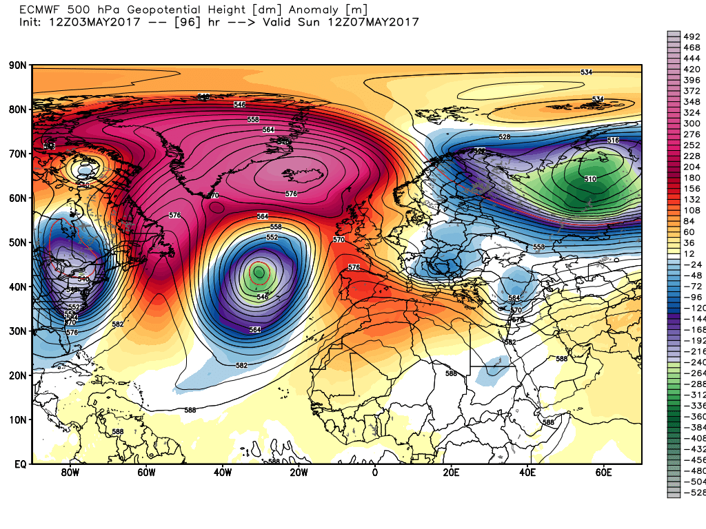 Projection showing an upper level ridge accompanied by warmer-than-average air across Greenland, with unusually cold conditions near the U.S. East Coast.