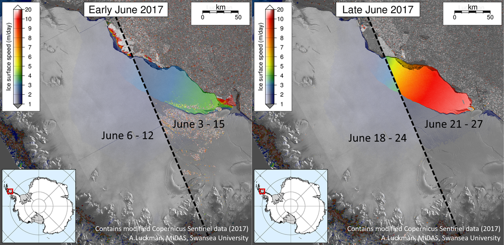 The recent image (right) highlights a significant acceleration over those three days. Comparison of speeds between Sentinel-1 image mosaics in early and late June 2017.