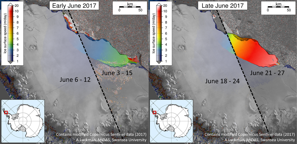 The recent image (right) highlights a significant acceleration over those three days. Comparison of speeds between Sentinel-1 image mosaics in early and late June 2017. The recent image (right) highlights a significant acceleration over those three days. Comparison of speeds between Sentinel-1 image mosaics in early and late June 2017.