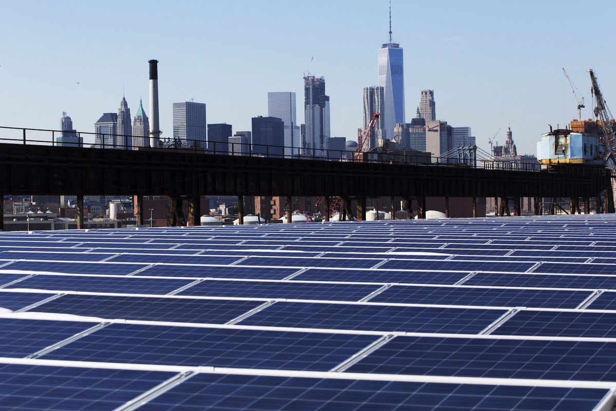 A rooftop is covered with solar panels at the Brooklyn Navy Yard in New York in Feb. 2017.