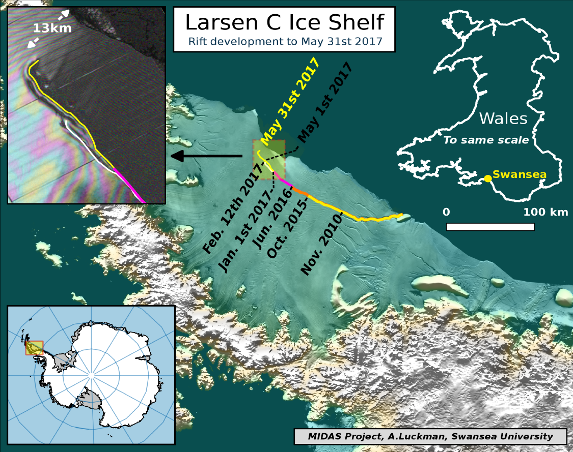 Progress of the Larsen C Ice Shelf crack through May 31, 2017.