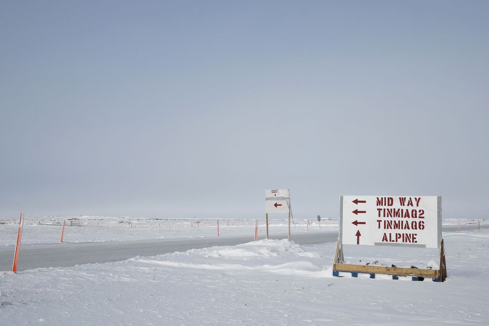 A sign on the North Slope points the way to the two wells, Tinmiaq&nbsp;2 and 6, that are part of ConocoPhillips&rsquo;&nbsp;Willow discovery &mdash;&nbsp;one of two finds stoking industry interest in the National Petroleum Reserve in Alaska. (Judy Patrick / ConocoPhillips)