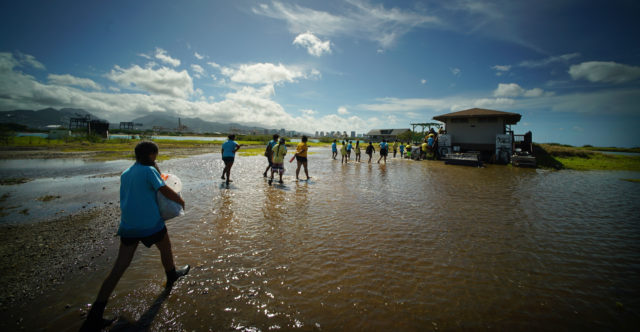 Waianae students cross thru flooded interior area of Mokauea Island.