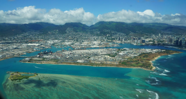 Sand Island with left, Mokauea Island. 2016 photo