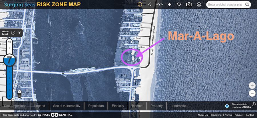 Sea level rise projection for West Palm Beach, Florida, including Trump's Mar-A-Lago club.