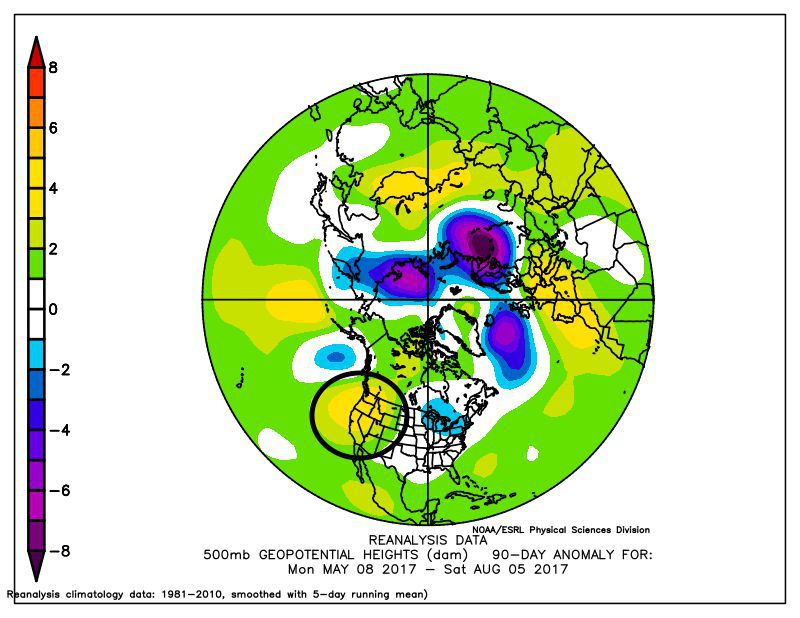 Map showing atmospheric circulation anomalies during the past 90 days, with the Western ridge circled in black.