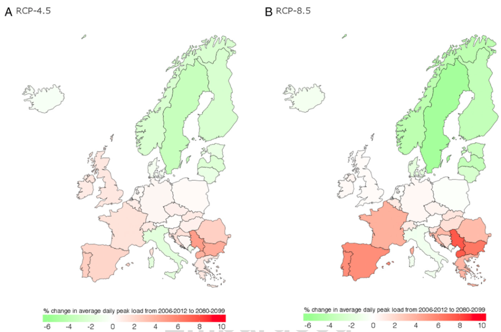 Change (%) in average daily peak demand from 2006&ndash;2012 to 2080&ndash;2099 for projected daily maximum temperatures under RCP4.5 (A) and RCP8.5 (B). The study keeps all factors other than climate change impacts constant. Source: Wenza et al. (2017)