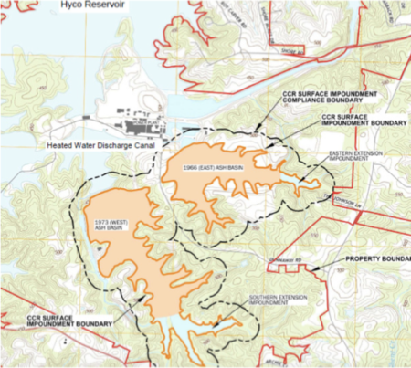Map Showing Hyco reservoir next to Roxboro coal plant, with the ash impoundment filling side rivers separated from the reservior by dams. 