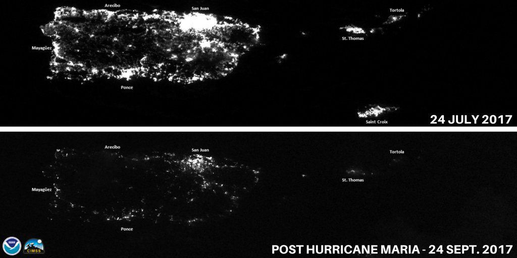 Satellite imagery showing the widespread power outage in Puerto Rico after Hurricane Maria (bottom) compared to before the storm (top).