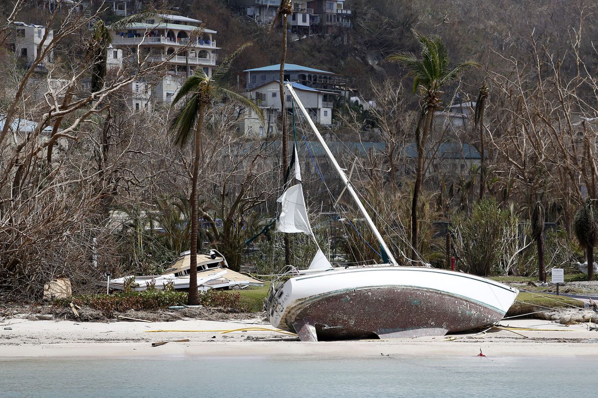 A ship lays on the beach in Great Cruz Bay in St. John in the U.S. Virgin Islands on Sept. 12, 2017.