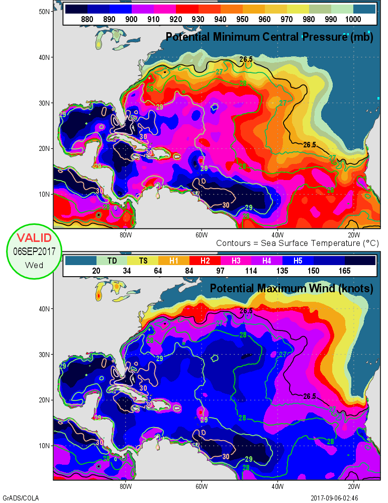 Storm maximum potential intensity maps for the region where Hurricane Irma is moving. Note the peak in potential intensity between South Florida and Cuba.