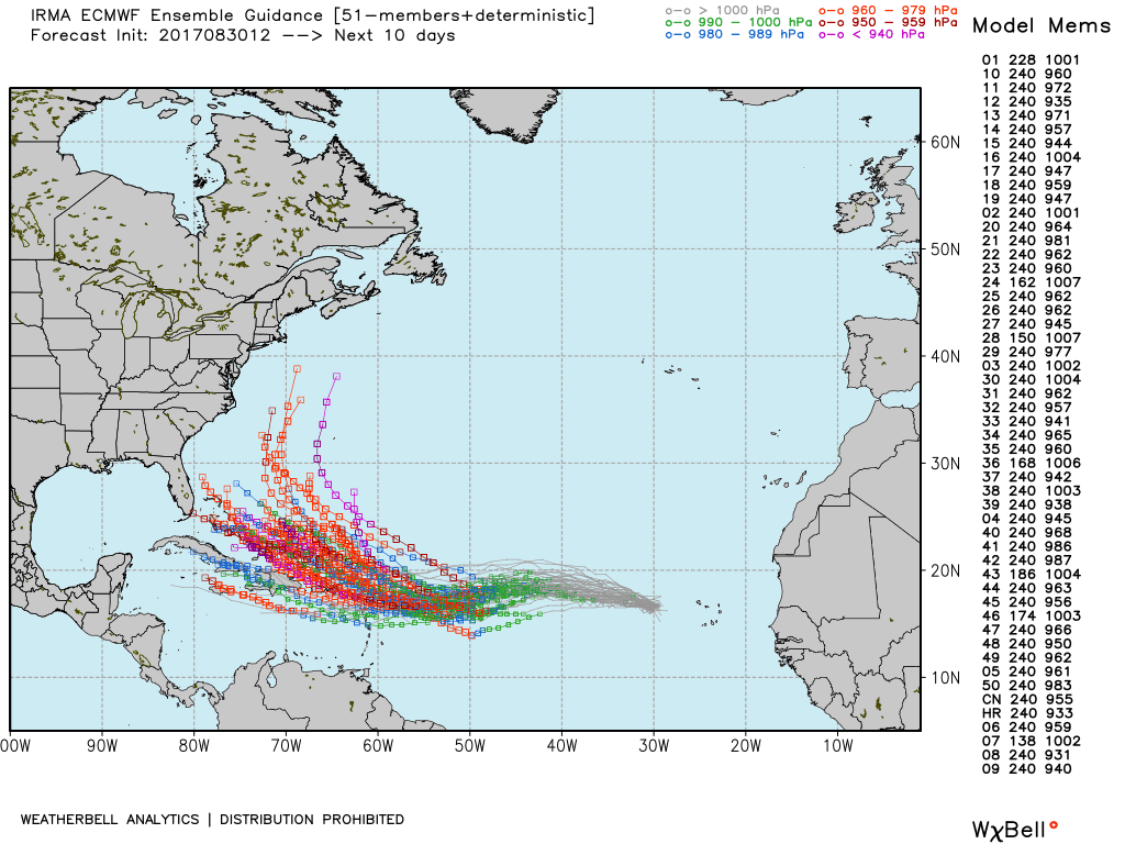 Evolution in Hurricane Irma ensemble track forecasts from the European model.