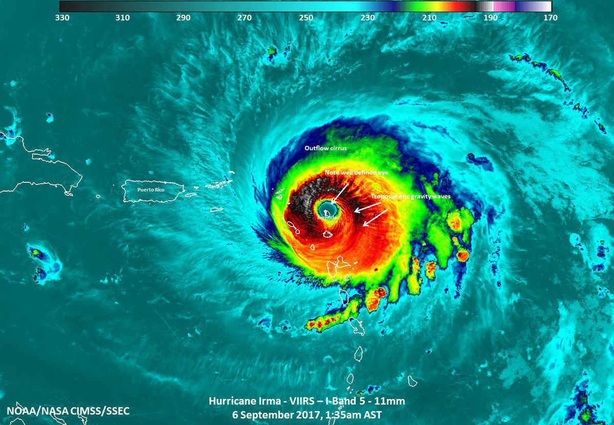 Hurricane Irma as seen from the Suomi NPP satellite, illustrating the outflow channels around the storm. Hurricane Irma as seen from the Suomi NPP satellite, illustrating the outflow channels around the storm.