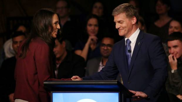 National Party leader Bill English and Labour Party leader Jacinda Ardern shake hands at the Newshub Decision 17 leaders ...