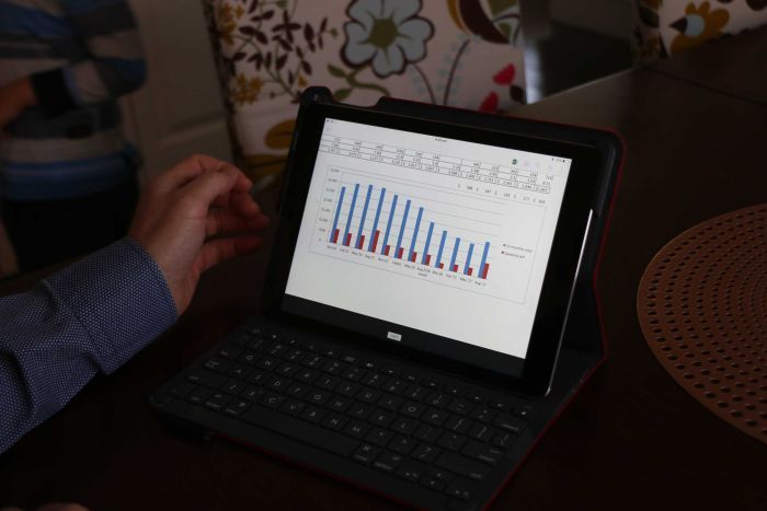 Murray Green looks at a bar graph of his power bills 