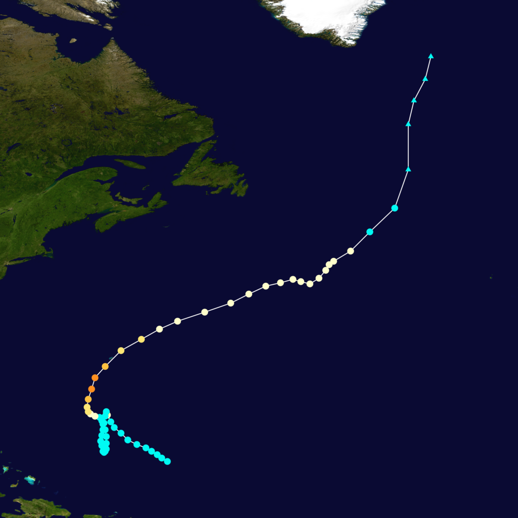 Storm track of Hurricane Nicole in 2016. Credit: Created by Cyclonebiskit using WikiProject Tropical cyclones/Tracks. Background image is from NASA. Tracking data from the National Hurricane Center's running best track.
