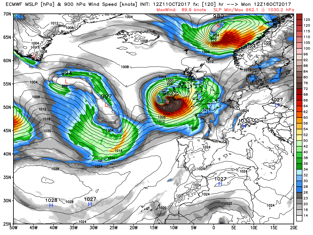 Computer model projection showing a strong low pressure area associated with what is now T.S. Ophelia striking western Ireland.
