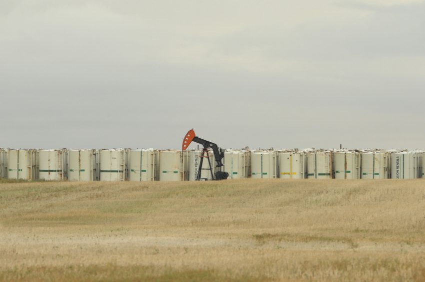 A pump jack is surrounded by batteries near Roche Percee., Sask.