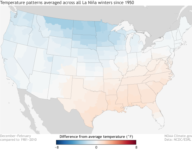 Temperature anomaly patterns averaged across all La Ni&ntilde;a events since 1950.