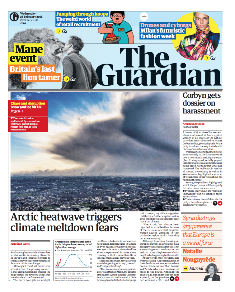 Front page from The Guardian, 28 February 2018