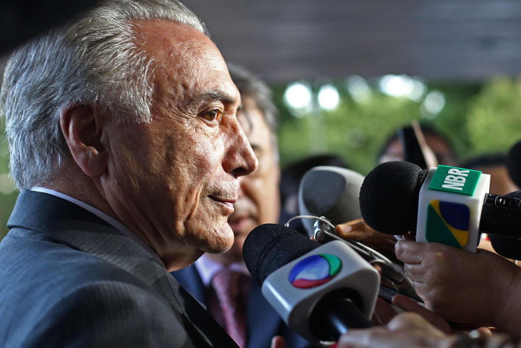 Brasilia, Brazil. 11th Apr, 2016. Brazilian Vice President Michel Temer speaks to the media after a recording was accidentally released saying he was willing to take control of the government as Congress moves to impeach President Dilma Rousseff April 11, 2016 in Brasilia, Brazil. Credit: Agencia Brasil / Alamy Stock Photo. FX52NW