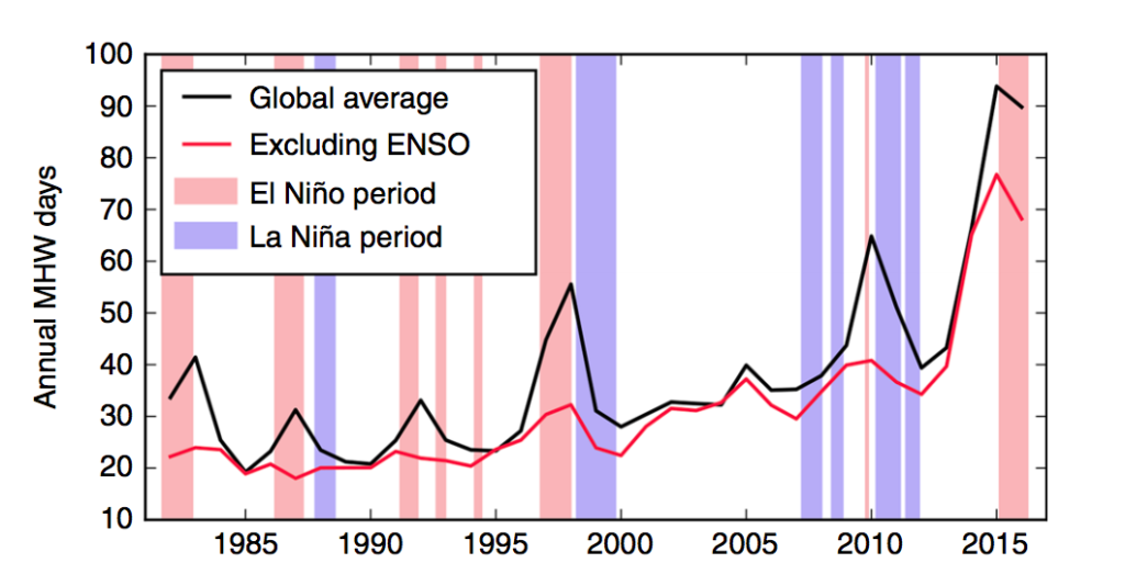 Chart shows globally averaged timeseries of total marine heatwave (MHW) days over 1982&ndash;2016 (black line) and the same metric with the influence of ENSO removed (red). The light red and blue shading indicate El Ni&ntilde;o and La Ni&ntilde;a periods, respectively.