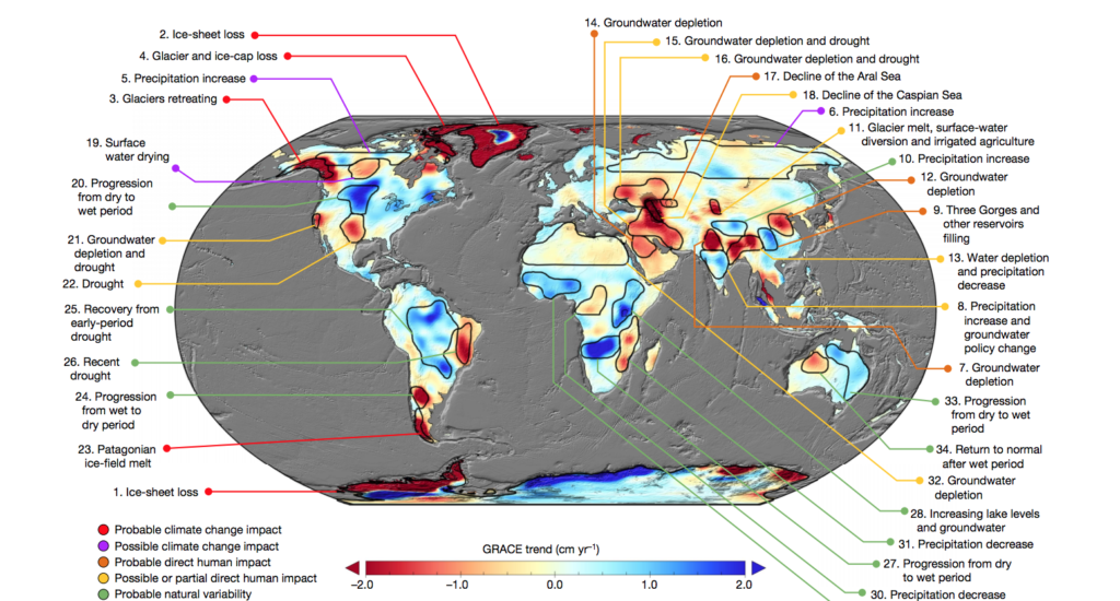Map of the planet showing changes in terrestrial water storage from 2002-16