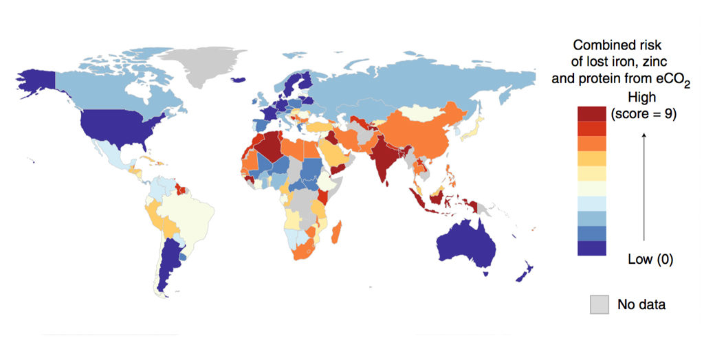 Global combined risk of lost iron, zinc and protein, assuming average concentrations of CO2 reach 550ppm by 2050. Dark blue indicates a low score (zero), dark red indicates a high score (nine) and indicates no data.