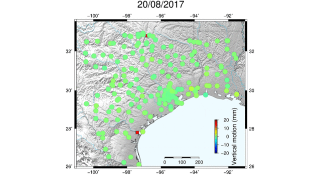slide 2 - Animation shows changes of GPS vertical positions post-Harvey over time