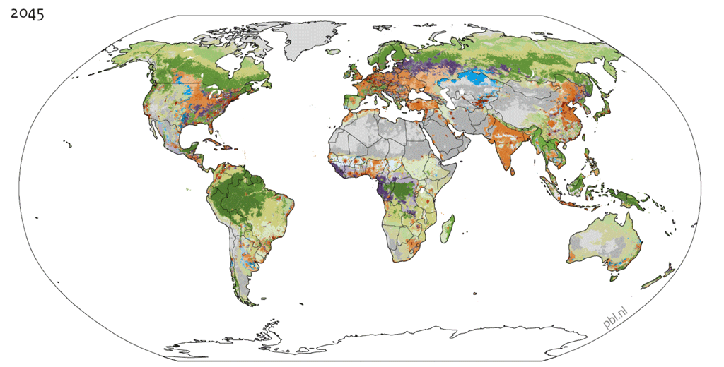 Global map showing Land use in 2045, as modelled by IMAGE, one prominent IAM developed by the Netherlands Environmental Assessment Agency (PBL). This map shows different types of land use including cropland (shades of orange), forest (dark green), grassland (light green), purple (&ldquo;mosaic&rdquo; forest and cropland), blue (&ldquo;mosaic&rdquo; crop and grassland), red (urban) and grey (bare land). Source: PBL.