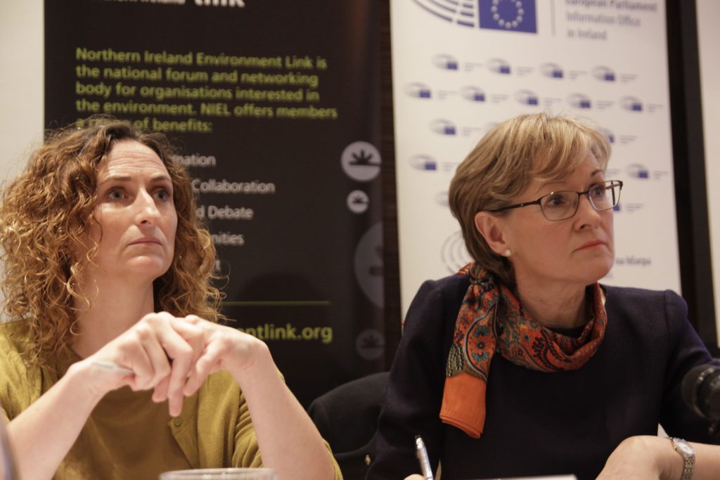 MEPs Lynn Boylan and Mairead McGuinness at Brexit and Environment Conference in Dundalk, 2017 Photo: Niall Sargent