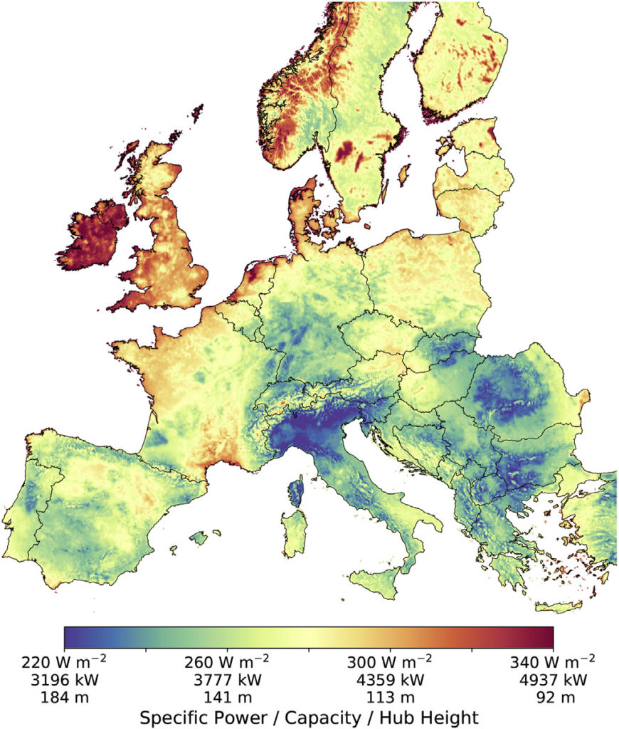 Map showing Average annual wind capacity factor mapped across Europe, not including any consideration of how suitable land is for windfarms. (Ryberg et al., 2019)