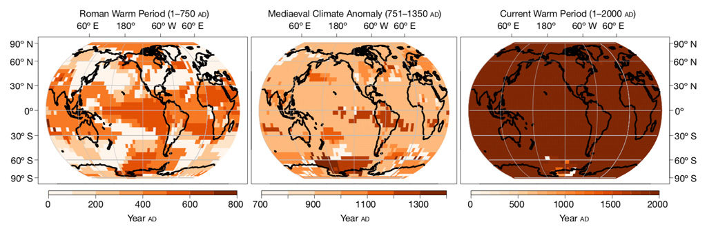 Maps showing the pattern of warming in the Roman Warm Period (left), Medieval Climate Anomaly (middle) and the Current Warm Period (right). On the maps, colour is used to illustrate the timing of the hottest 51-year period for each location. Source: Neukom et al. (2019)