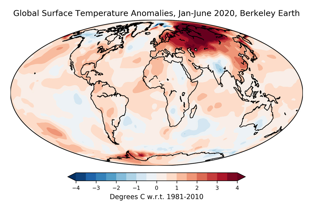 Average surface temperatures over the first six months of 2020 (January through June) from Berkeley Earth.
