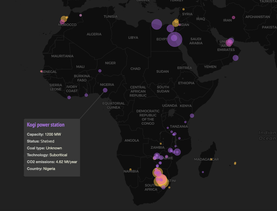 Map of planned (purple), under construction (fuschia), new (orange) and operating (yellow) coal plants in Africa and the Middle East. Bubbles sized according to capacity. Adapted from Carbon Brief&rsquo;s coal map.