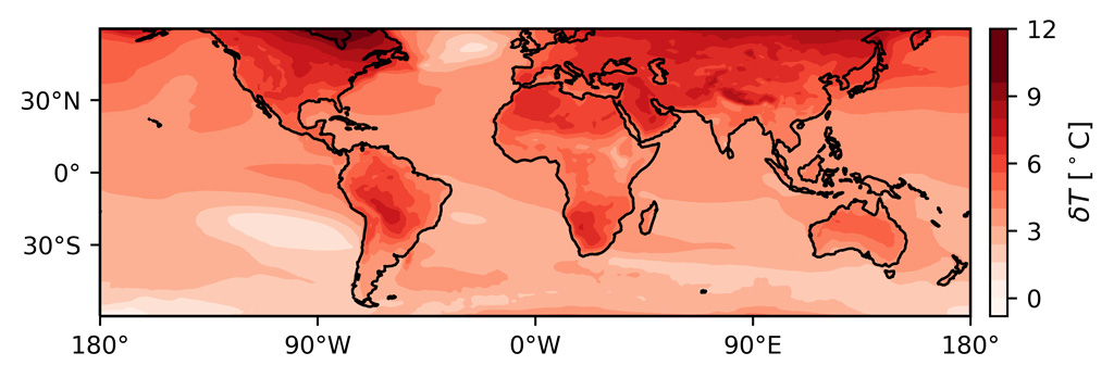 Climate model projection of the change in near-surface temperature by the end of the 21st century (2080-2100) relative to the historical period (1980-2000). Data from the GFDL-CM4 model under the fossil-fueled, high emissions SSP58.5 scenario; chart by M Byrne.
